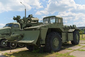  Minsk region, Belarus, July 12, 2025. Vintage Soviet engineering equipment on the Stalin Line.                              