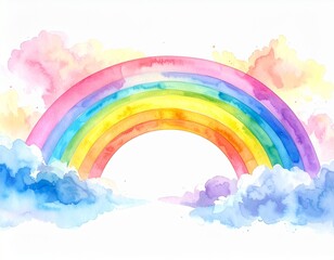 Vibrant Watercolor Rainbow Arch with Pastel Pink and Blue Clouds on white background 