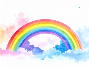 Vibrant Watercolor Rainbow Arch with Pastel Pink and Blue Clouds on white background 