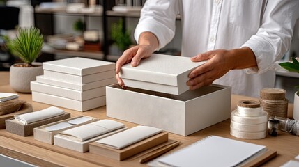 Elegant workspace showcases a person organizing stylish storage boxes and stationery on a wooden table surrounded by plants in a modern setting