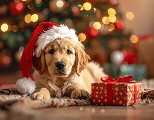 Adorable Golden Retriever Puppy Wearing a Santa Hat with Christmas Lights Bokeh

