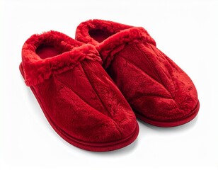 Pair of Fluffy Red Winter Slippers with Faux Fur Lining on White Background

