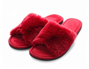 Pair of Fluffy Red Winter Slippers with Faux Fur Lining on White Background

