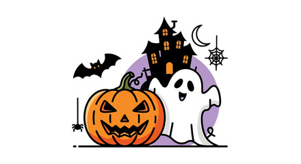 Spooky Halloween scene with a grinning pumpkin, friendly ghost, haunted house, and bat
