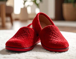 Pair of Fluffy Red Winter Slippers with Faux Fur Lining on White Background

