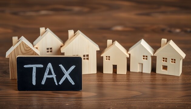 Small wooden house models lined up with a sign that says TAX in front of them, symbolizing property tax.