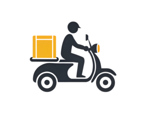Silhouette of a person riding a scooter with a delivery box on the back isolated on transparent background