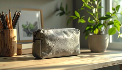 Stylish makeup bag and stationery on sunlit desk creates a cozy workspace vibe perfect for showcasing organization and home office aesthetics