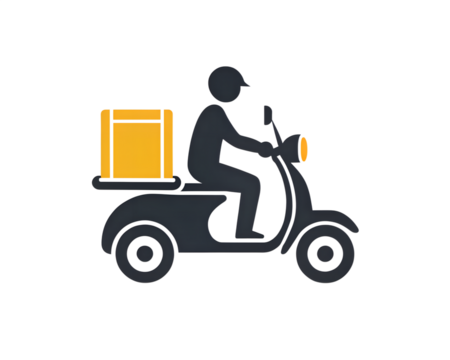 Silhouette of a person riding a scooter with a delivery box on the back isolated on transparent background