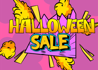 Modern creative pop art vibrant comic book style Halloween Sale text. Cartoon design.