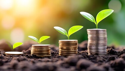 Stacks of coins with small plants growing from them, symbolizing financial growth and investment.