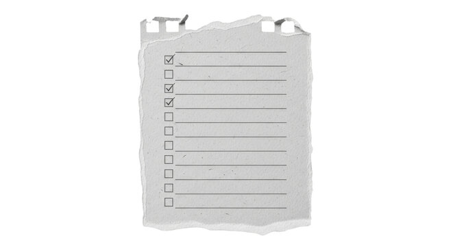 Isolated checklist on old paper with torn edges, a stationery item for office and personal use