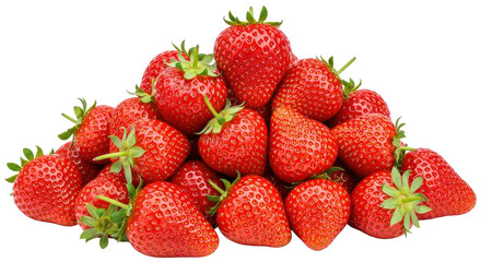 Isolated heap of fresh ripe red strawberries with green leaves, spring fruits for healthy diet