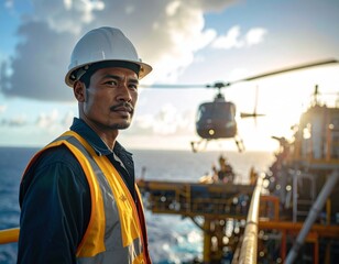 Smiling Oil Rig or Offshore Worker in Hard Hat with Helicopter Landing Background

