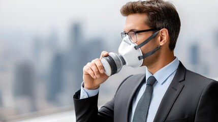 Businessman in a suit wearing a face mask while adjusting his protective gear in an urban setting during the day