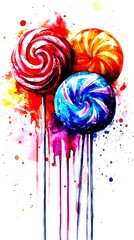 Colorful lollipops with vibrant swirls and splashes of color in a playful arrangement - High Contrast