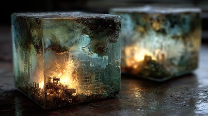 surreal apocalyptic worlds in glass boxes, dystopian miniature worlds contained in glass, conceptual surrealism of apocalyptic glass structures