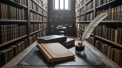 Old Books with Quill Pen and Vintage Inkwell on Wooden Desk in Old Library