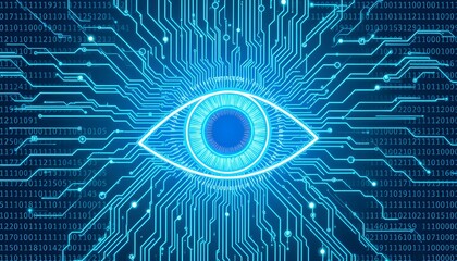 A digital eye composed of circuit board lines, representing surveillance and technology.