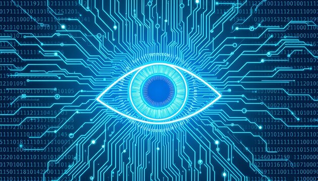 A digital eye composed of circuit board lines, representing surveillance and technology.