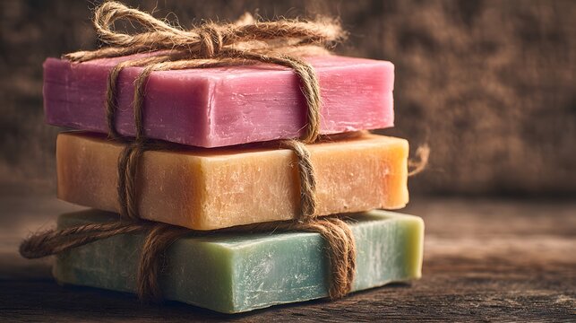 Stack of three colorful handmade soaps tied with rustic twine, displaying shades of pink, yellow, and green against a warm, wooden background, showcasing a natural and organic aesthetic in a  shot. - Powered by Adobe