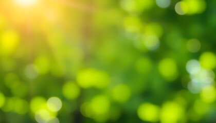 Soft focus green leaves with bright sunlight filtering through, creating a bokeh effect.