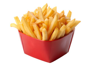 A generous serving of golden brown french fries in a red cardboard container isolated on transparent background