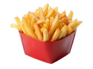 A generous serving of golden brown french fries in a red cardboard container isolated on transparent background