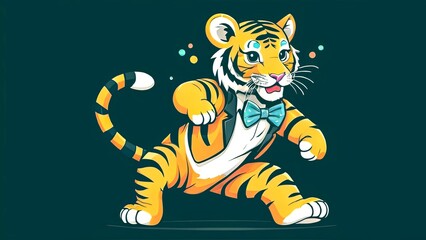 A cartoon tiger wearing a tuxedo and bowtie walks across a background