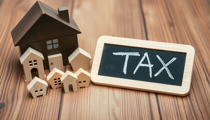 A collection of small wooden houses and a larger house model next to a chalkboard with the word TAX written on it, symbolizing property taxes.
