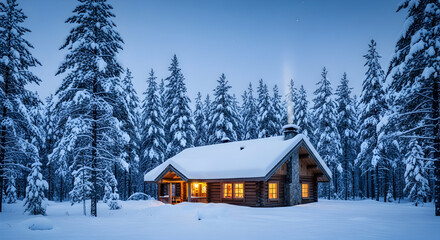 Snow covered cabin in winter forest scene
