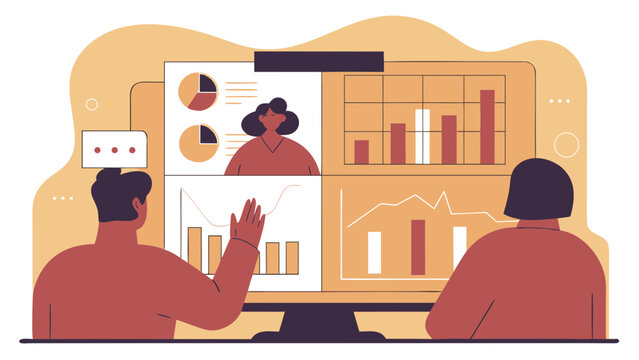 People in a video conference looking at charts and graphs on a large computer screen display view on transparent background silhouette
