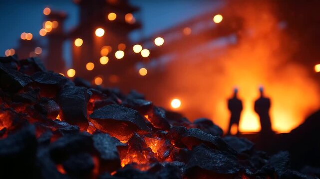 industrial steel factory scene with hot slag in foreground, blurred workers and intense molten fire in background, atmospheric and dramatic lighting steel factory slag, indust