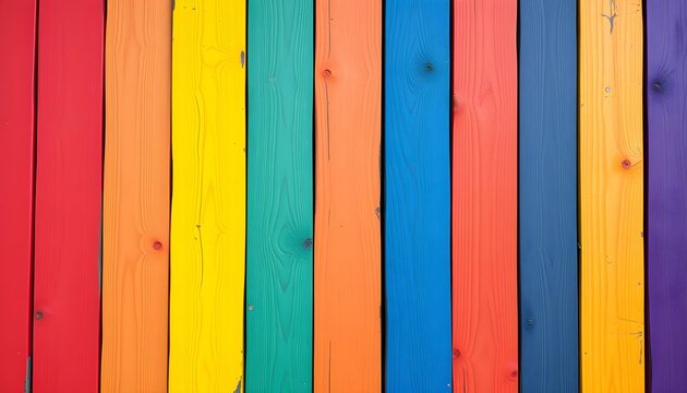 A vibrant, multicolored wooden fence painted in a rainbow of bright, bold colors.