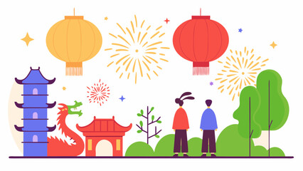 People observing chinese new year celebration with lanterns and fireworks in a festive atmosphere on transparent background silhouette