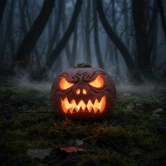 Glowing carved pumpkin with sinister face placed in eerie misty forest at night, surrounded by twisted trees and dense fog