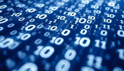 A close-up, angled view of glowing blue binary code on a digital screen, representing data and information.