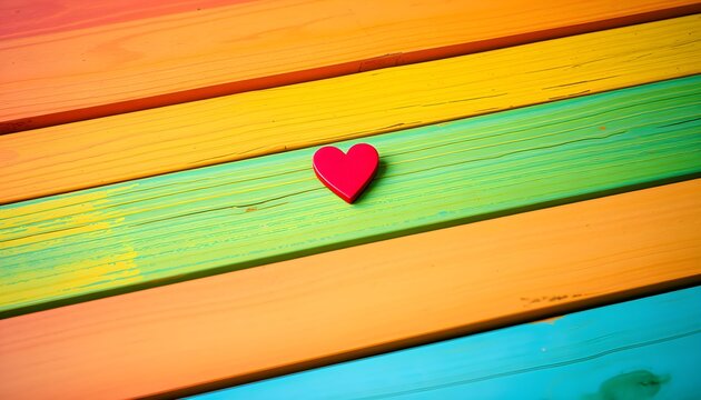 A small red heart rests on a colorful rainbow-striped wooden background, evoking feelings of love.