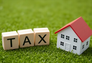 Tax concept with wooden blocks spelling TAX next to a toy house on green grass.