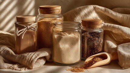 Warm Rustic Pantry with Jars and Grains