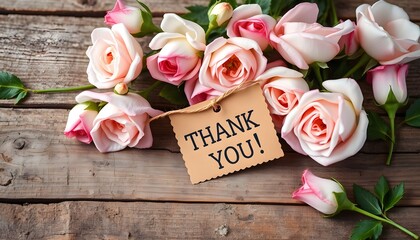 Beautiful pink roses arranged around a rustic 'Thank You!' tag on a weathered wooden background, conveying gratitude and appreciation.