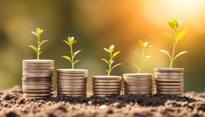 Small green plants growing on ascending stacks of coins in soil, symbolizing financial growth and investment.