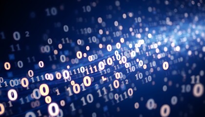 Abstract digital stream of binary code with glowing numbers on a dark blue background, representing data flow and technology.