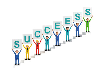 Businessmen climbing stairs holding letters spelling success isolated on transparent background