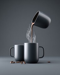 Rich hot chocolate flows from a dark mug into two others, steam rising, with coffee beans scattered nearby