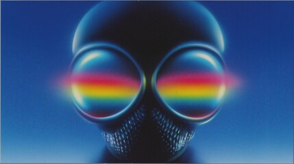 Extraterrestrial Gaze: A close-up image of an otherworldly being with large eyes reflecting a vibrant spectrum of colors, set against a deep blue backdrop.
