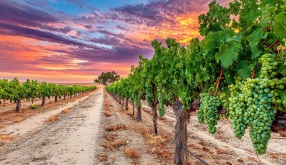 Naklejka premium A picturesque vineyard landscape at sunset, showcasing lush green grapevines laden with ripe, vibrant white grapes along a dirt road, framed by a colorful, dramatic sky.