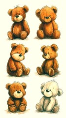 Cute cartoon bears in various poses with different expressions on background