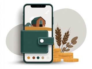 A digital wallet shows a farm scene with gold coins nearby, highlighting finance and agriculture