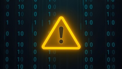 A bright yellow warning sign with an exclamation mark inside a triangle, set against a dark background of binary code.